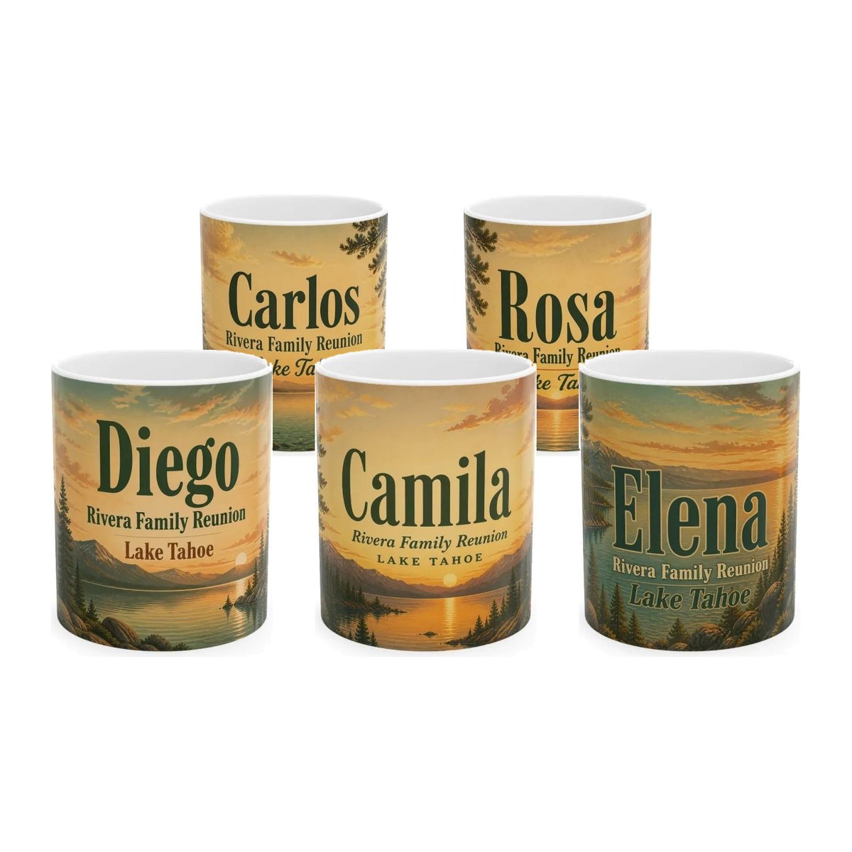 Five personalized ceramic mugs in a vintage national-park poster design showing a lake at sunset, each printed with a different family member's name above the words Rivera Family Reunion, Lake Tahoe