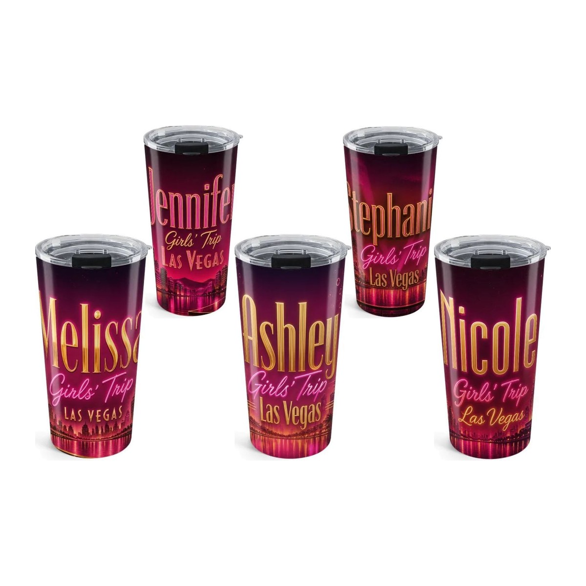 Five personalized stainless tumblers in a bright travel design, each printed with a different woman's name above the words Girls' Trip Las Vegas