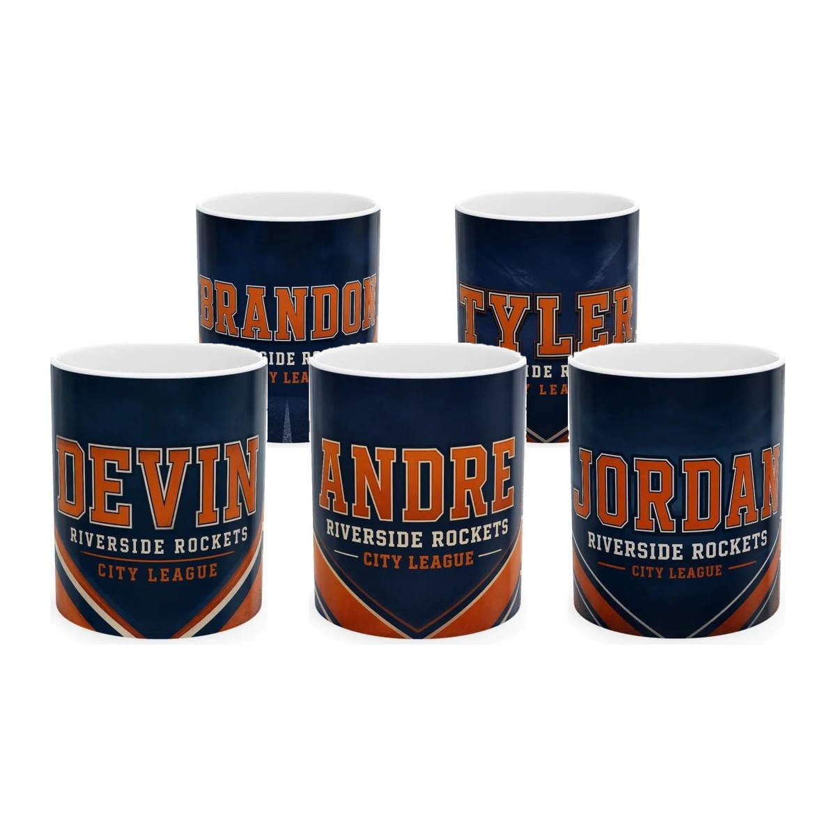 Five personalized ceramic mugs in a navy and burnt orange varsity design, each printed with a different player's name above the words Riverside Rockets, City League