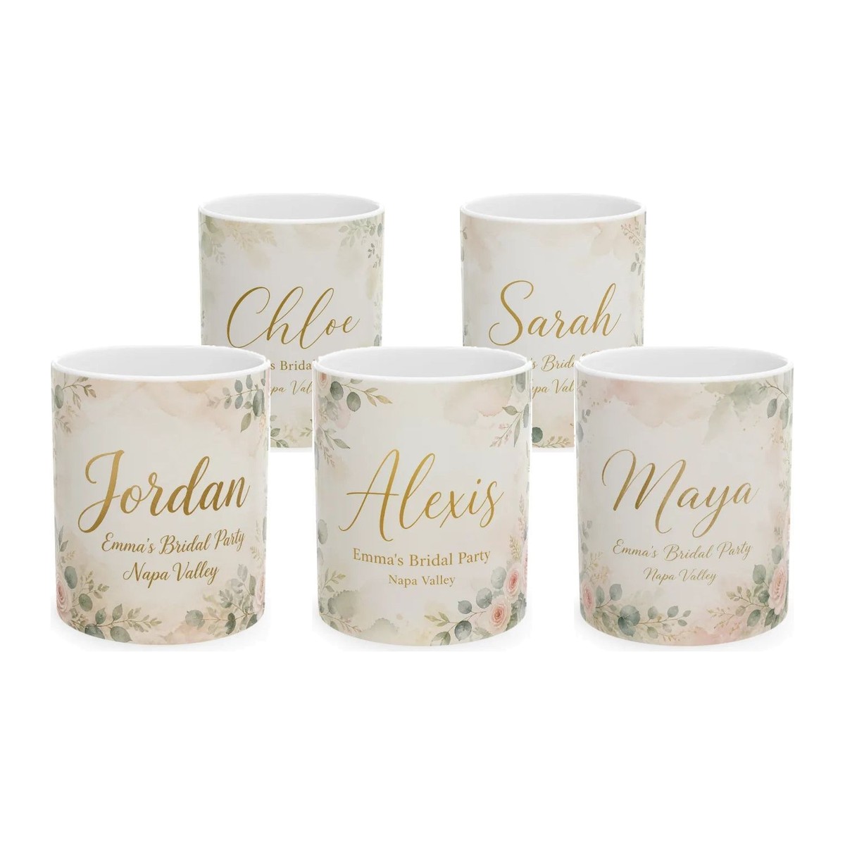 Five personalized ceramic mugs in a watercolor eucalyptus and blush rose design, each printed with a different name above the words Emma's Bridal Party, Napa Valley