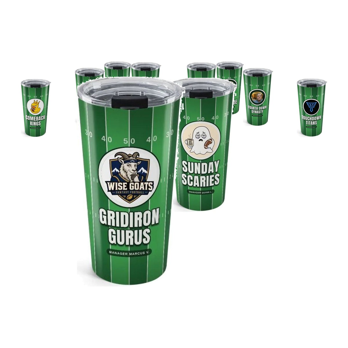 Stainless tumblers from a fantasy football league, one large in front and the rest behind, each printed with a different team's logo and name