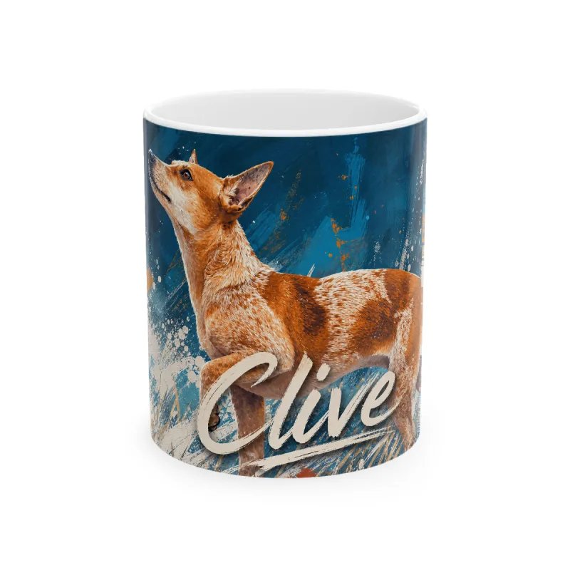Pet photo in painterly comic style with the name Clive on a mug