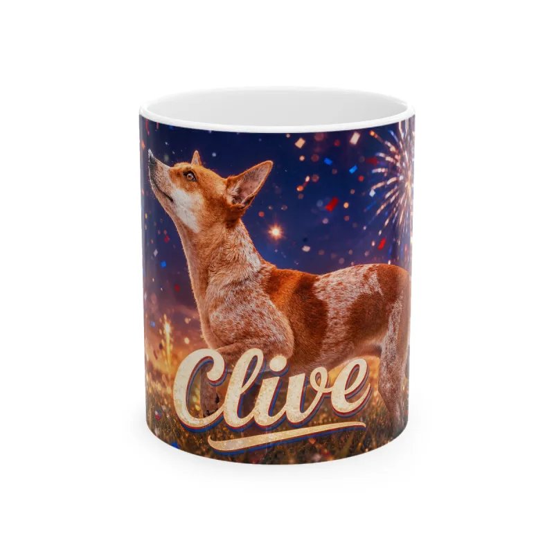 Pet photo in Fourth of July style with the name Clive on a mug