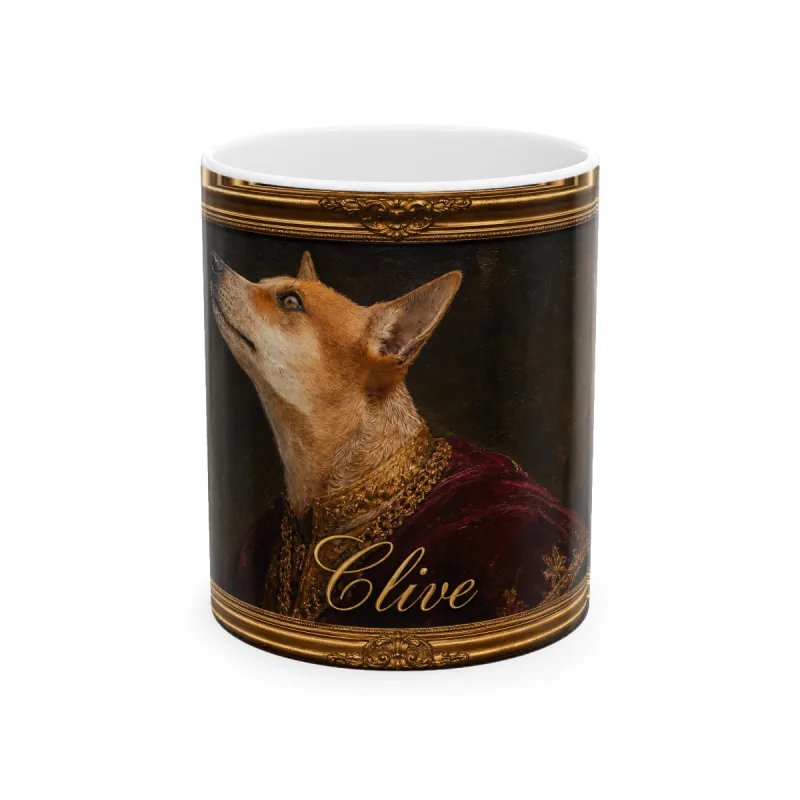 Pet photo in classical oil-portrait style with the name Clive on a mug