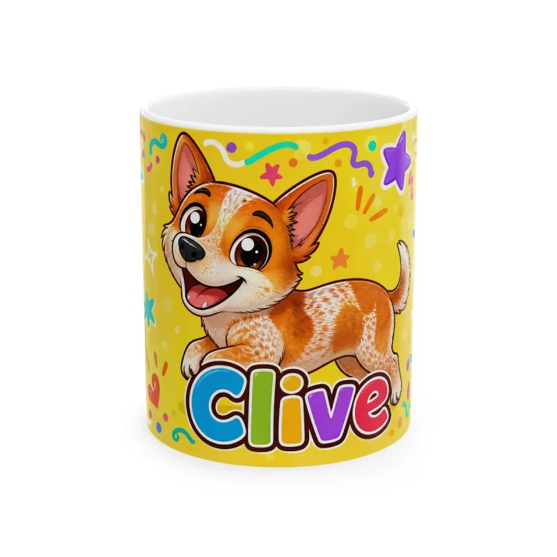 Pet photo in cartoon style with the name Clive on a mug