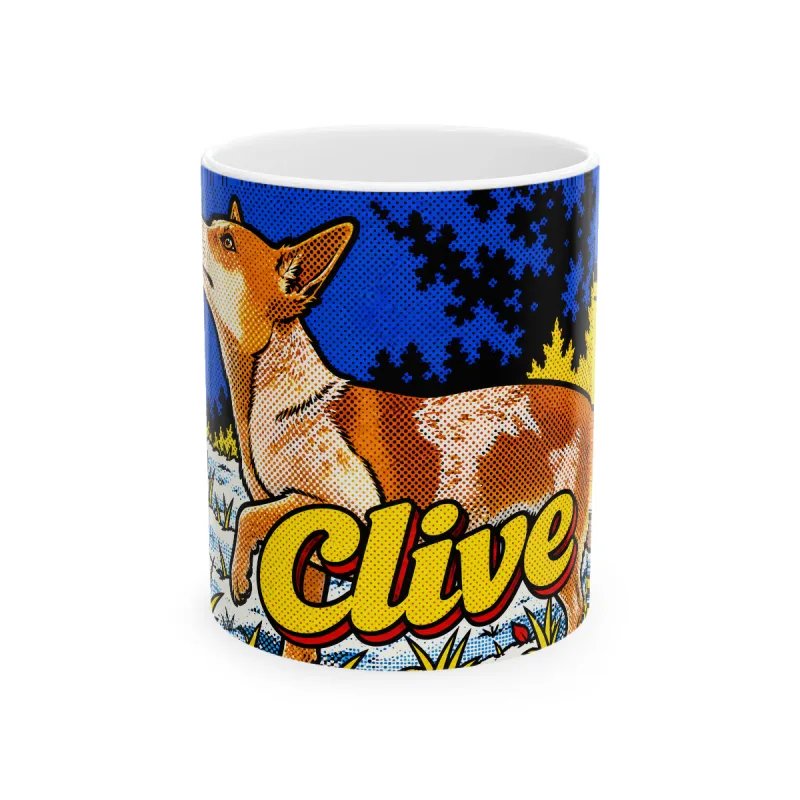 A pet's photo turned into bright pop-art with bold outlines and halftone dots on a personalized ceramic mug, with the pet's name Clive