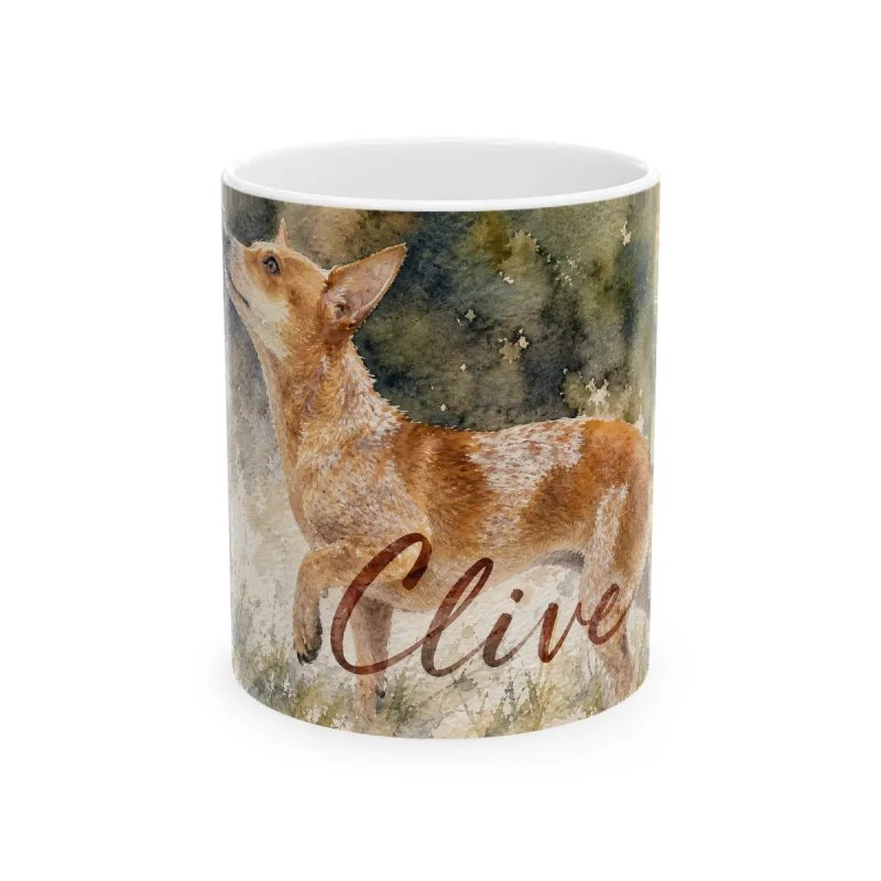 Pet photo in watercolor style with the name Clive on a mug