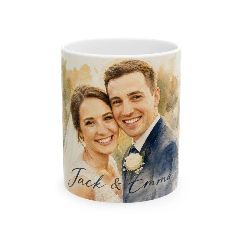 A wedding photo of a bride and groom turned into soft watercolor art on a personalized ceramic mug, with the names Jack and Emma