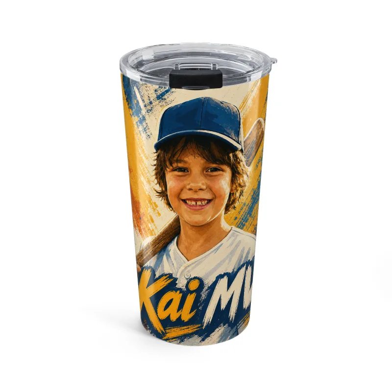 A boy in his baseball cap and jersey turned into bold comic-book art on a personalized stainless steel tumbler, with the name Kai