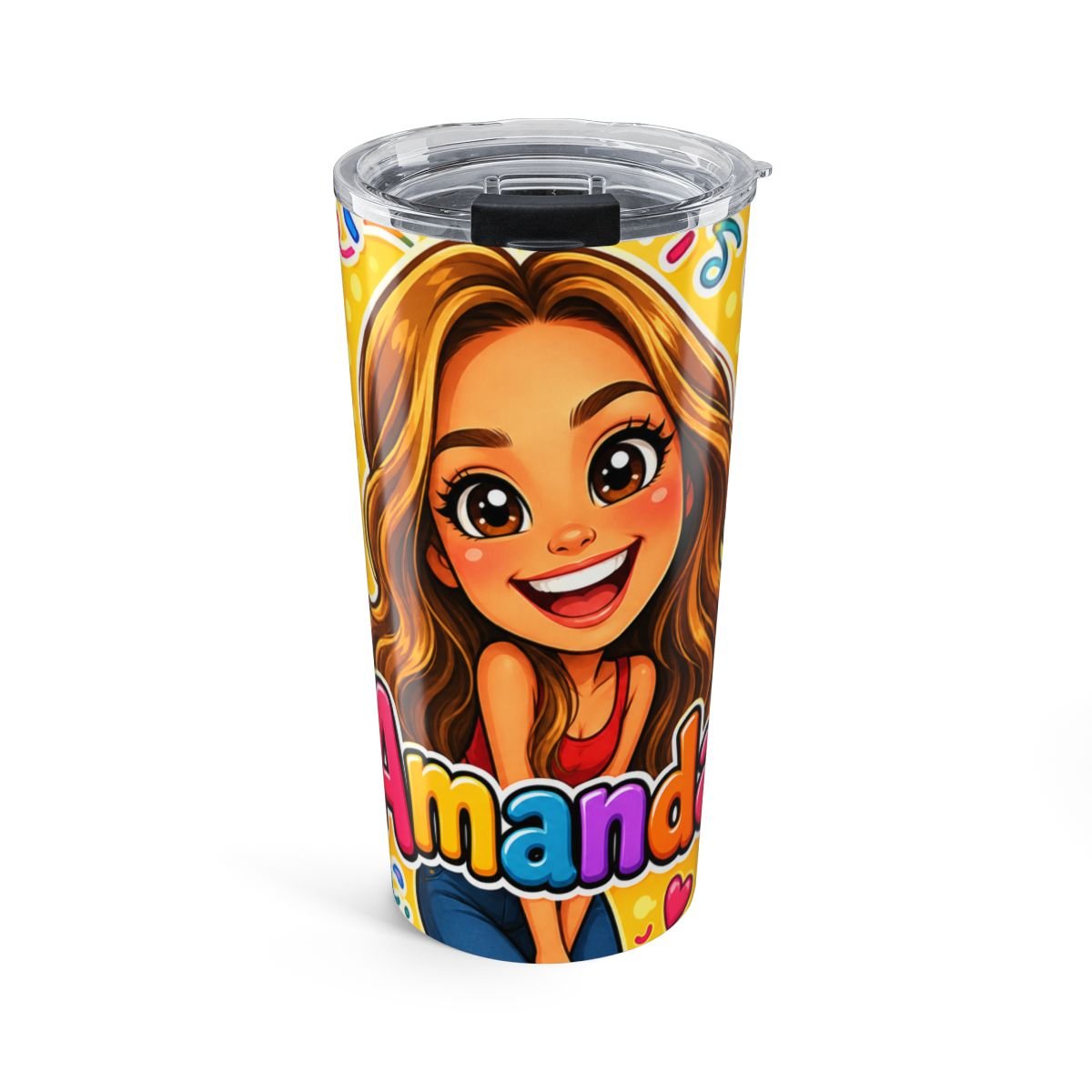 A woman's photo turned into a bright, big-eyed cartoon on a personalized stainless steel tumbler, with the name Amanda