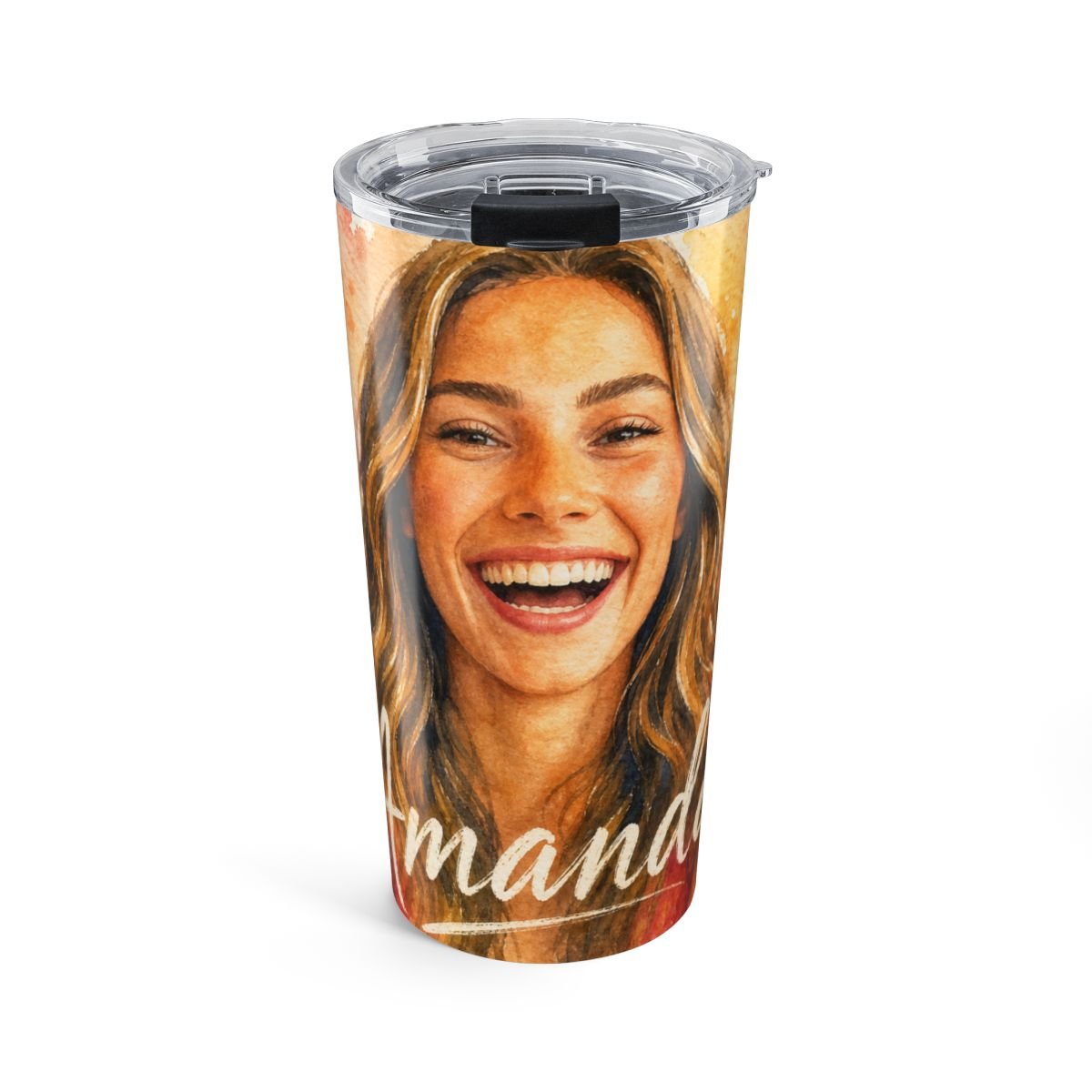 A woman's photo turned into a soft watercolor portrait on a personalized stainless steel tumbler, with her name in script